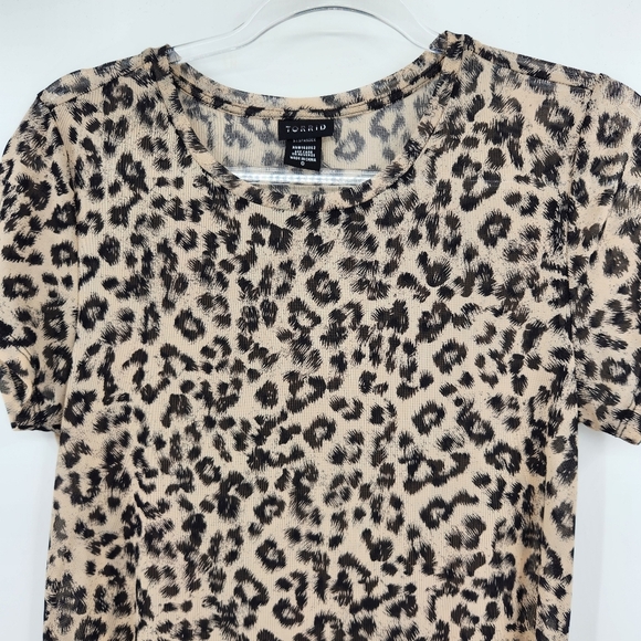 Torrid 0 Mesh Semi Sheer Top Womens Size 12 Leopard Print Tan Black Short Sleeve - Picture 2 of 7